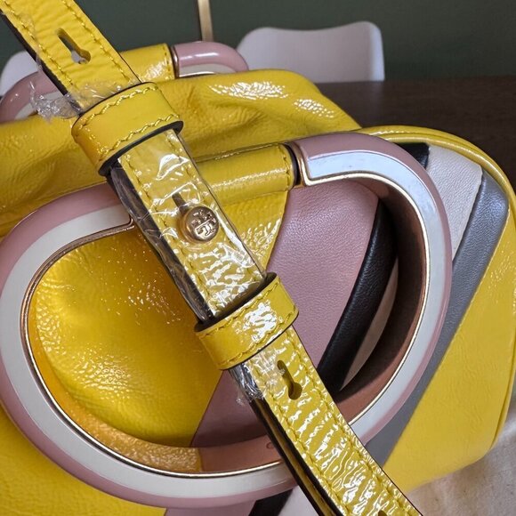 NEW! NWT! Tory Burch Half Moon Strip Mini Satchel Boston  -Yellow Leather Women - Picture 13 of 16
